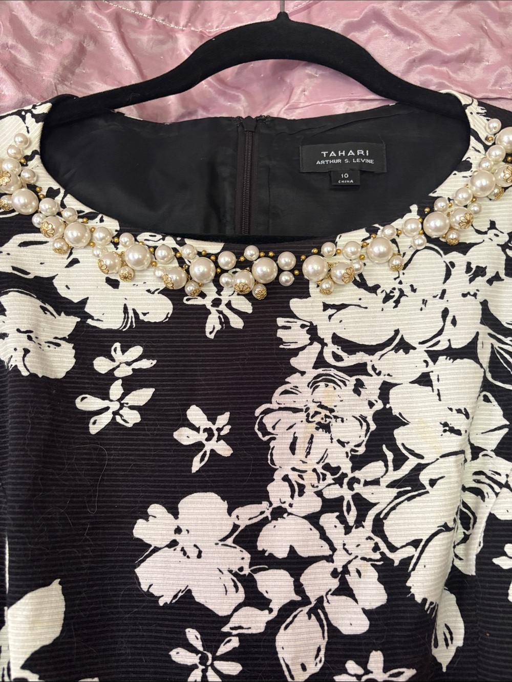 Tahari Black and White Floral Midi Dress with Embellished Pearl and Gold beading